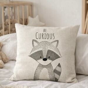 NEW Be Curious Raccoon Nursery Throw Pillow Cover Kids Room Woodland Decor